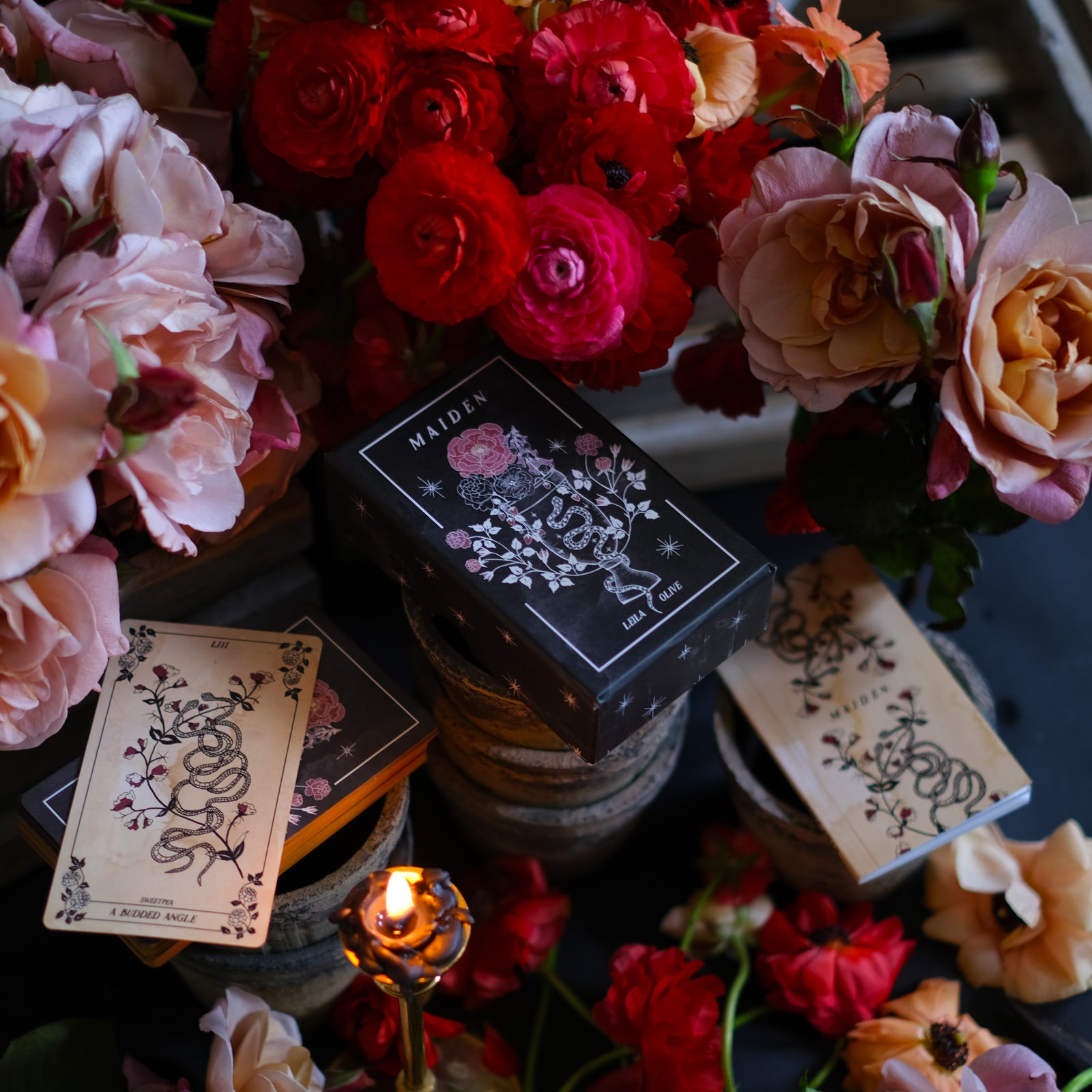 The Botanical Oracle deck, Maiden, illustrated by hand, rooted in botanicals, with guidebook.
