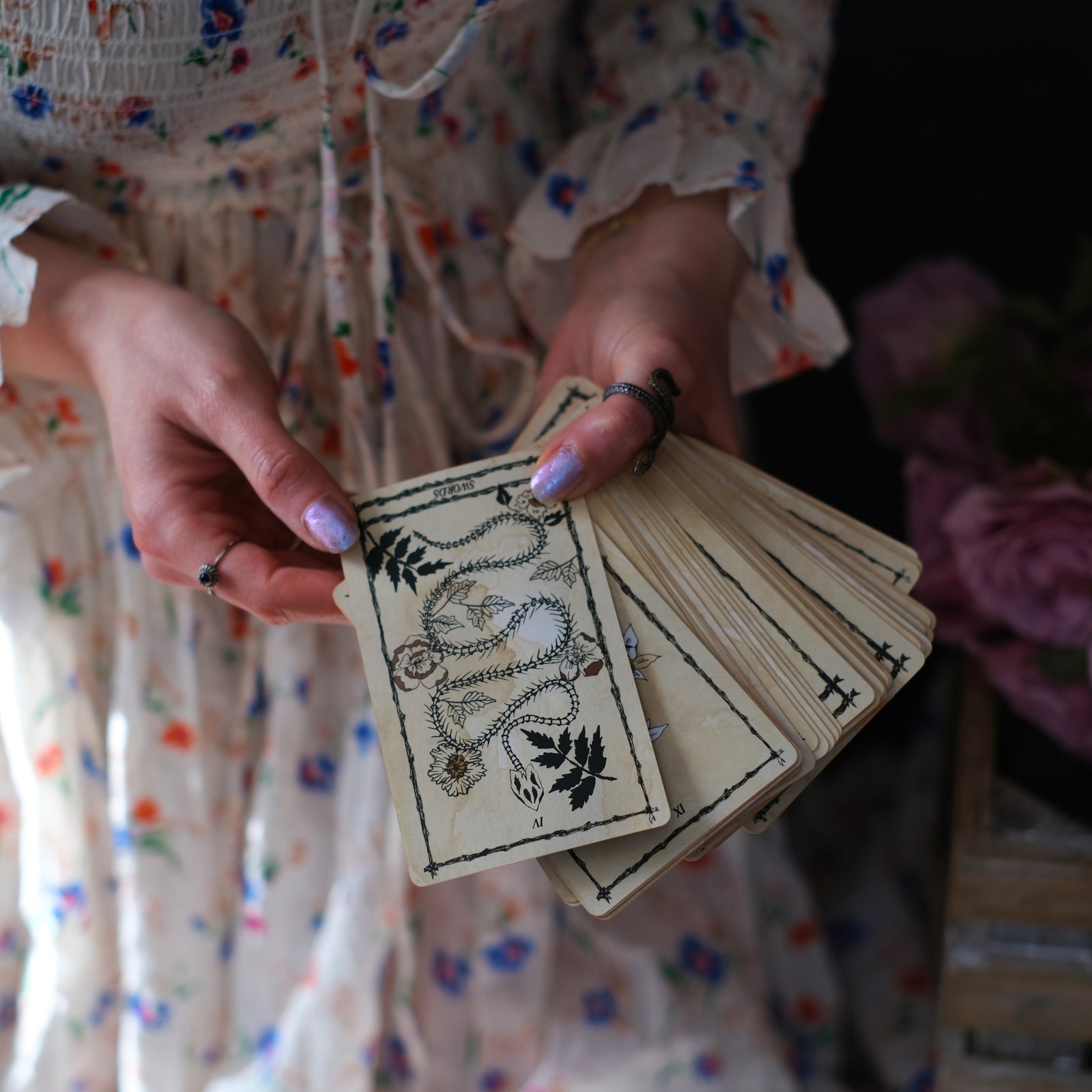 Botanical Tarot deck, the Ophidia Rosa, is illustrated by hand and rooted in the natural realm.