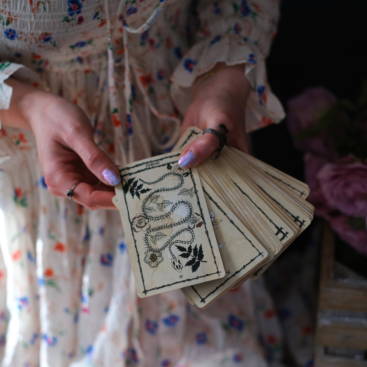 Botanical Tarot deck, the Ophidia Rosa, is illustrated by hand and rooted in the natural realm. 